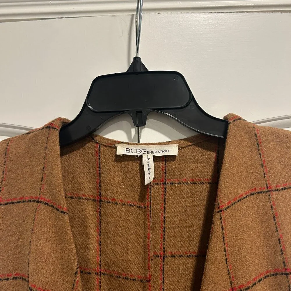 BCBGeneration Carmel Plaid Long Faux-Wool Tie Vest Shacket Women’s Size Small - Picture 3 of 10